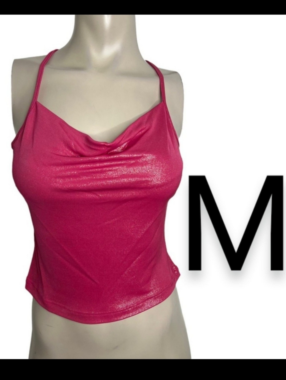 🆕Hot Pink Metallic Open Back Cami Crisscross Straps Stretchy Crop Top~Size M